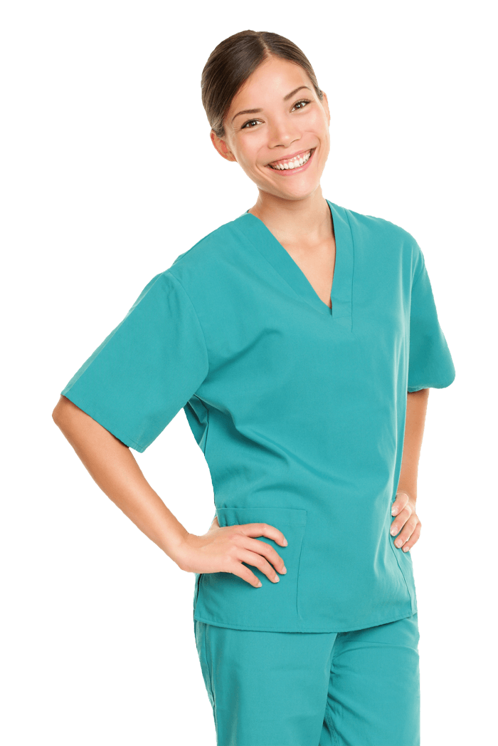 Smiling nurse with hands on hips.