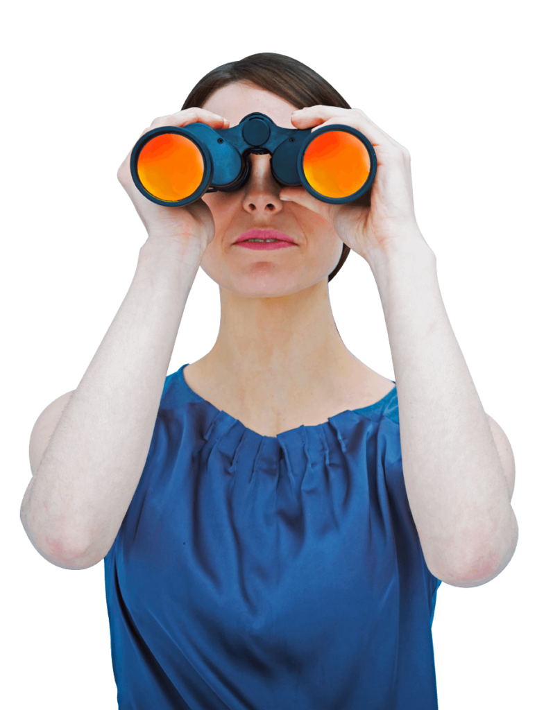 Woman searching for COVID/flu tests with binoculars