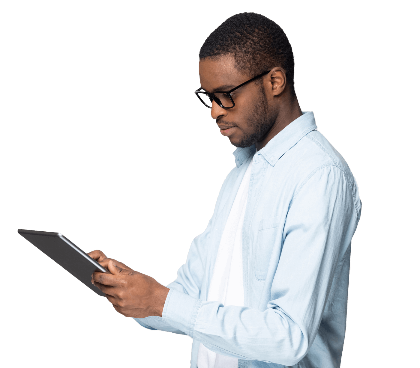 Man reading telehealth industry news on an iPad